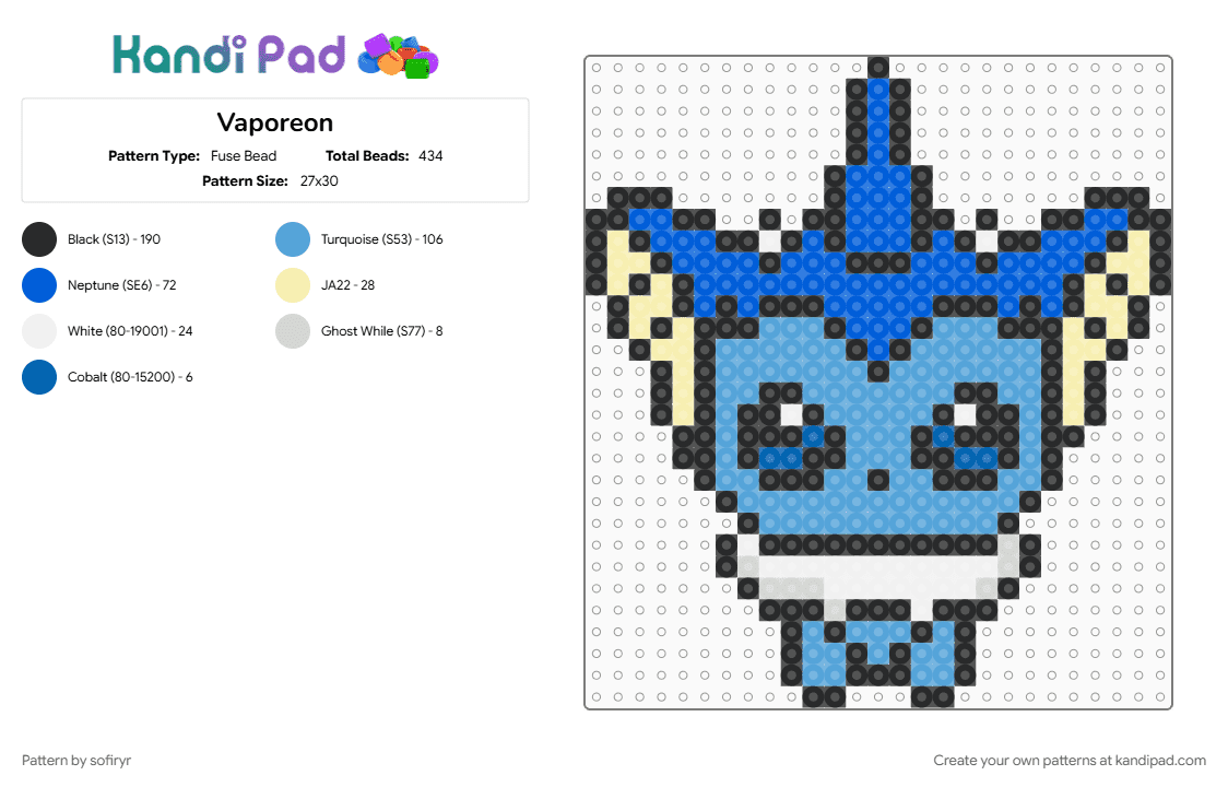 Vaporeon - Fuse Bead Pattern by sofiryr on Kandi Pad - blue, light blue