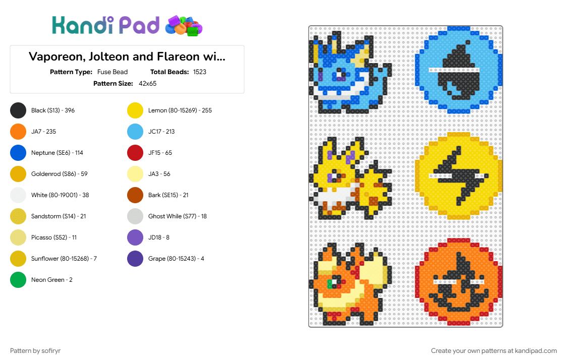 Vaporeon, Jolteon and Flareon with a base - Fuse Bead Pattern by sofiryr on Kandi Pad - light blue, orange, yellow