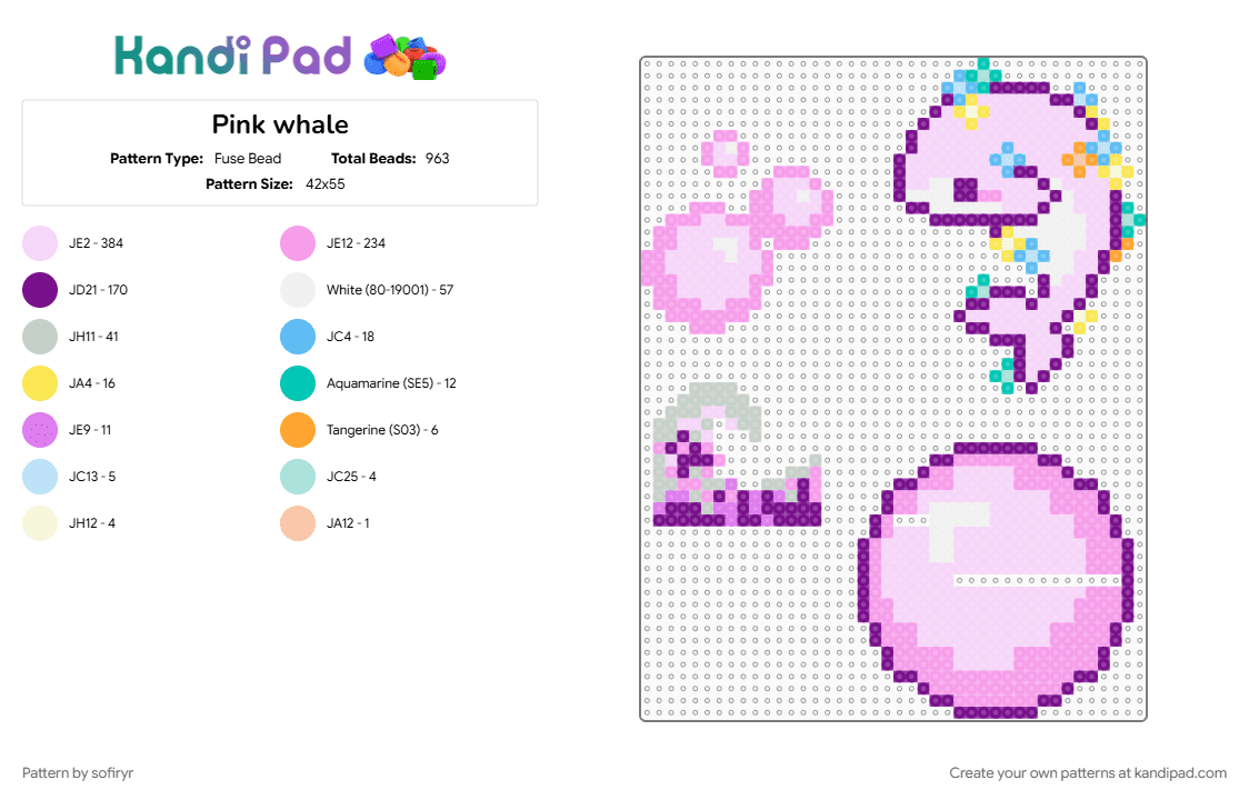 Pink whale - Fuse Bead Pattern by sofiryr on Kandi Pad - blue, light blue, pink