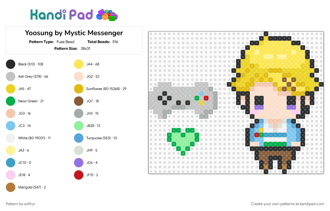 Yoosung by Mystic Messenger - Fuse Bead Pattern by sofiryr on Kandi Pad - beige, yellow