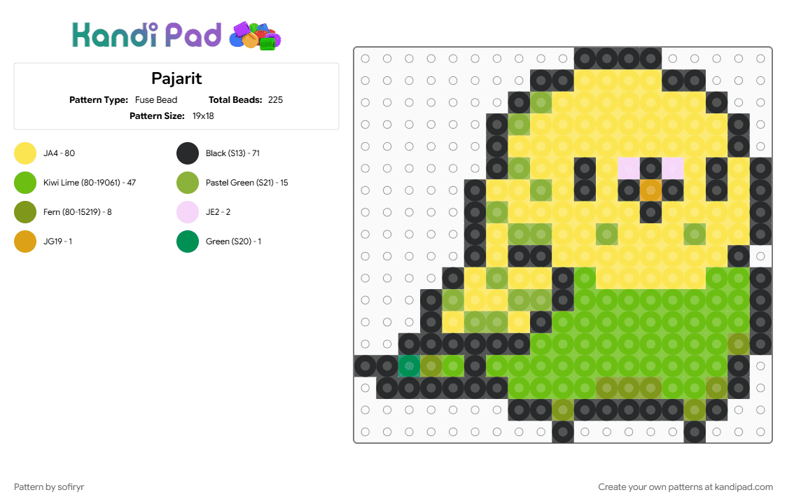 Pajarit - Fuse Bead Pattern by sofiryr on Kandi Pad - green, yellow