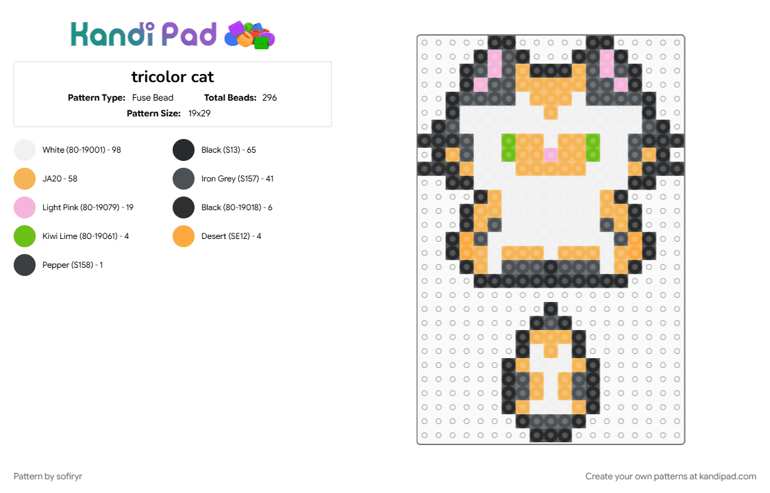 tricolor cat - Fuse Bead Pattern by sofiryr on Kandi Pad - orange, purple, white