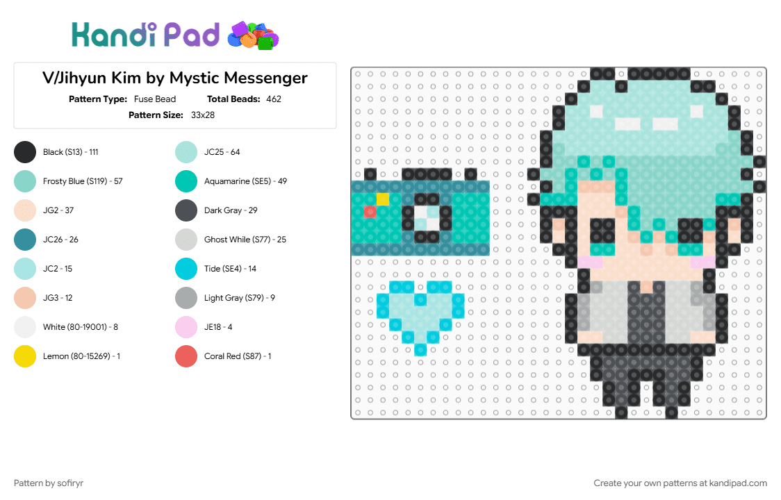 V/Jihyun Kim by Mystic Messenger - Fuse Bead Pattern by sofiryr on Kandi Pad - beige, light blue, teal