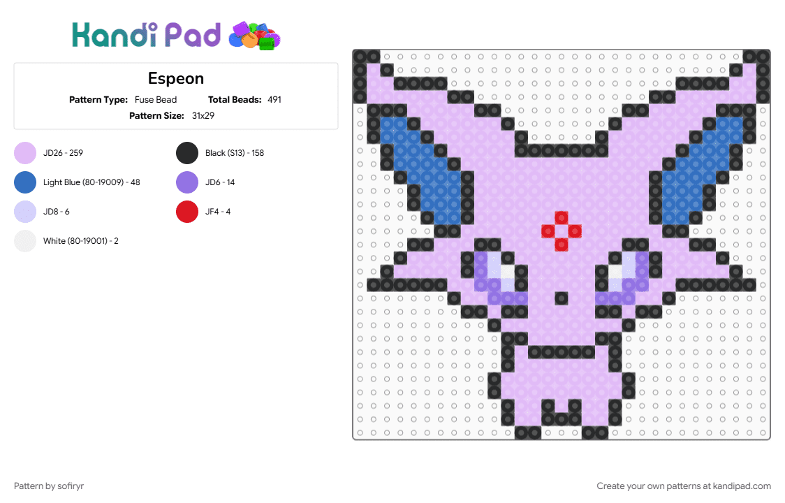 Espeon - Fuse Bead Pattern by sofiryr on Kandi Pad - pink