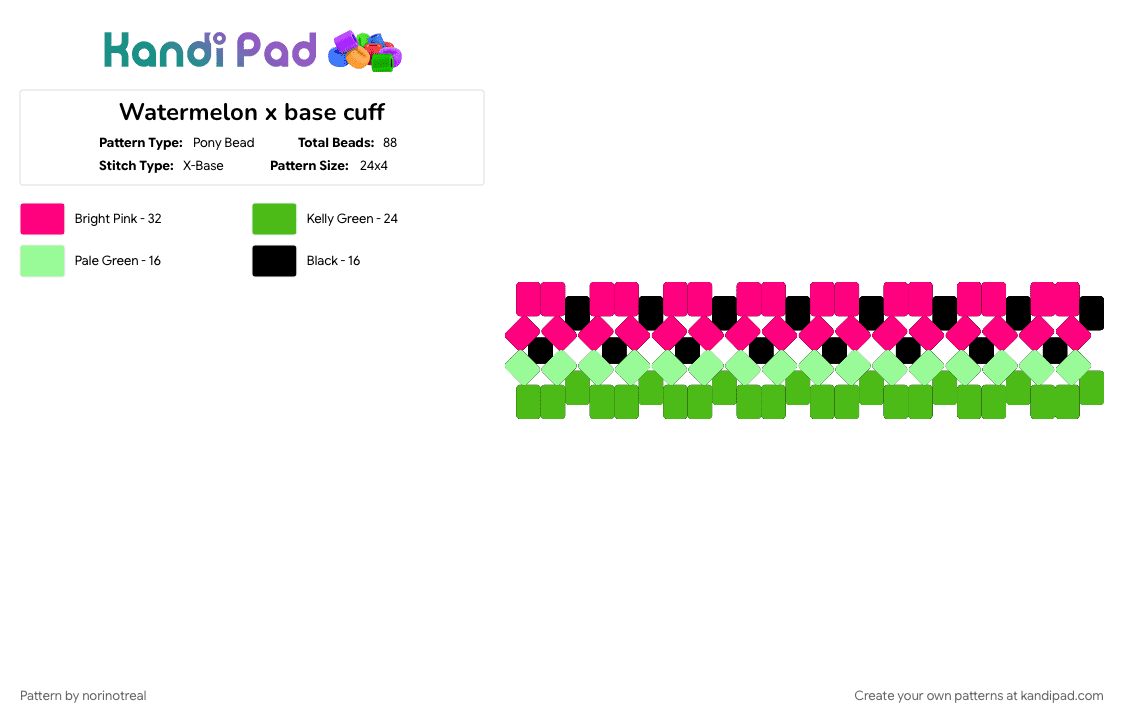 Watermelon x base cuff - Pony Bead Pattern by norinotreal on Kandi Pad - bracelet, cuff pattern, cuffs, cute, fruit, green, pink, summer, sweet, watermelon
