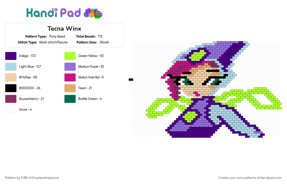 Tecna Winx - Pony Bead Pattern by h3ll0-fr0mplanetneptune on Kandi Pad - green, light blue, purple, winx club