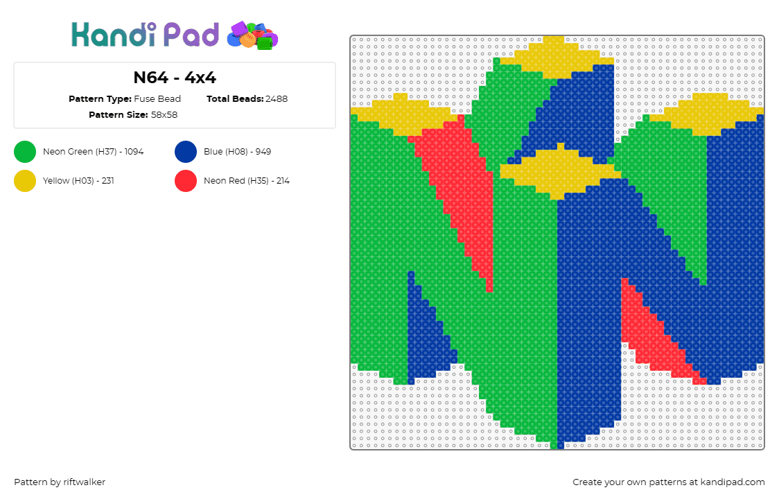 N64 - 4x4 - Fuse Bead Pattern by riftwalker on Kandi Pad - n64,nintendo,logo,3d,video game,console,colorful,green,blue