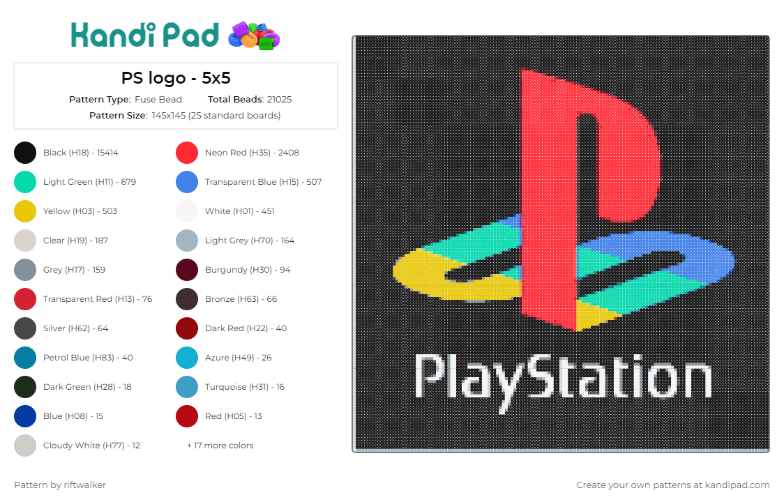 PS logo - 5x5 - Fuse Bead Pattern by riftwalker on Kandi Pad - playstation,logo,video game,console,colorful,red