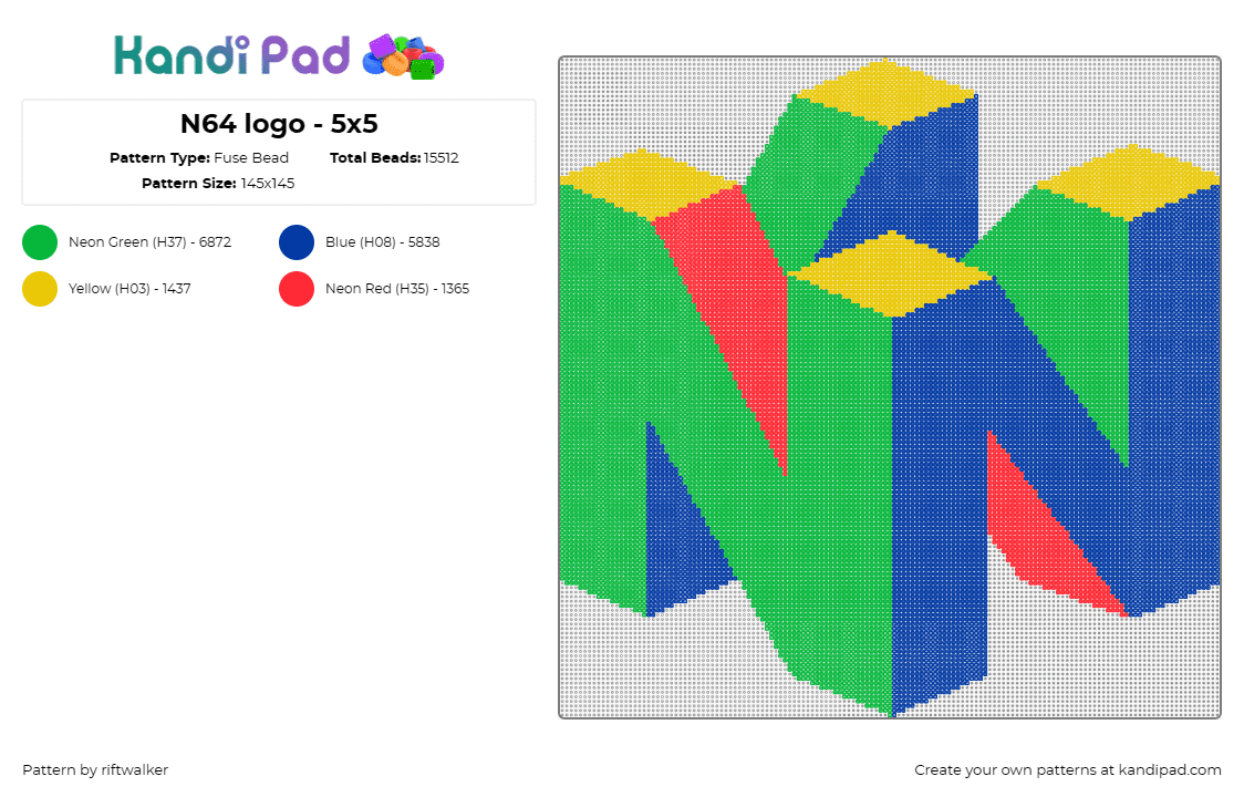 N64 logo - 5x5 - Fuse Bead Pattern by riftwalker on Kandi Pad - n64,nintendo,logo,3d,video game,console,colorful,green,blue