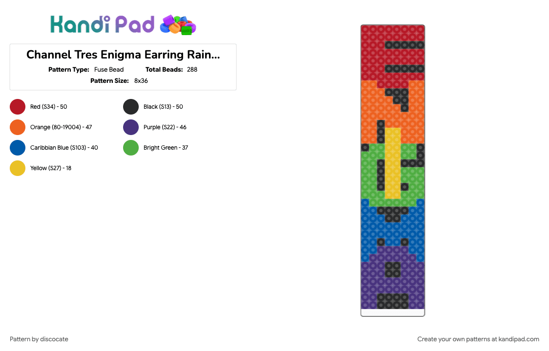 Channel Tres Enigma Earring Rainbow 2 - Fuse Bead Pattern by discocate on Kandi Pad - colorful, green, purple