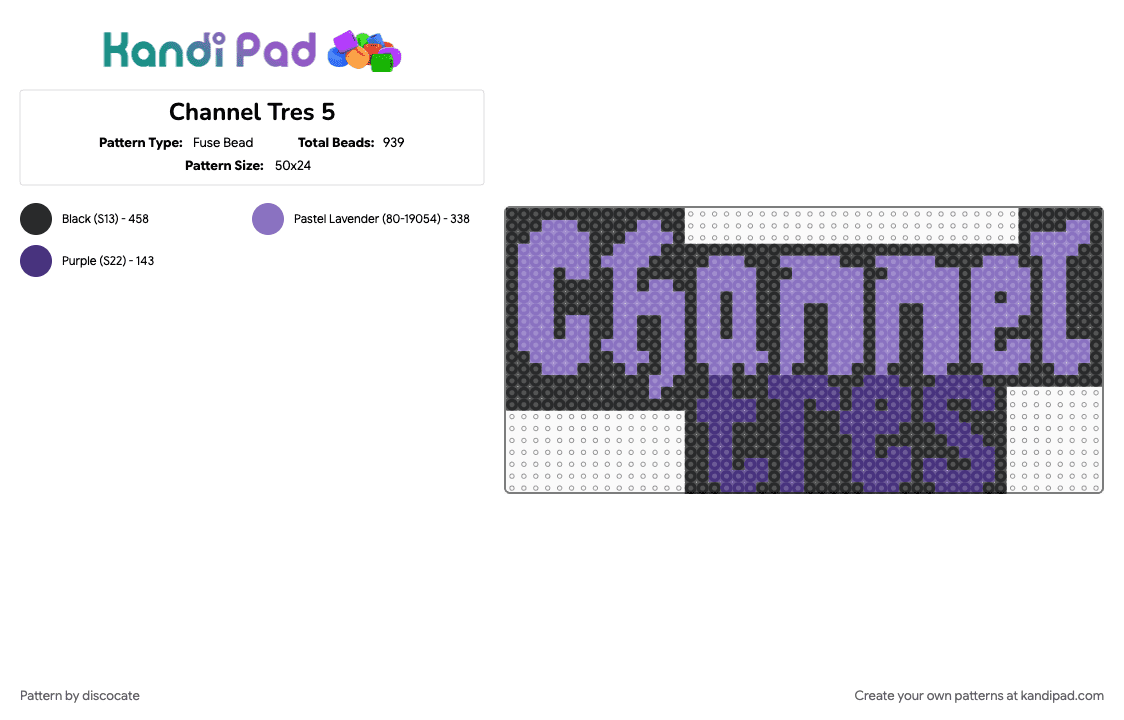 Channel Tres 5 - Fuse Bead Pattern by discocate on Kandi Pad - blue, purple