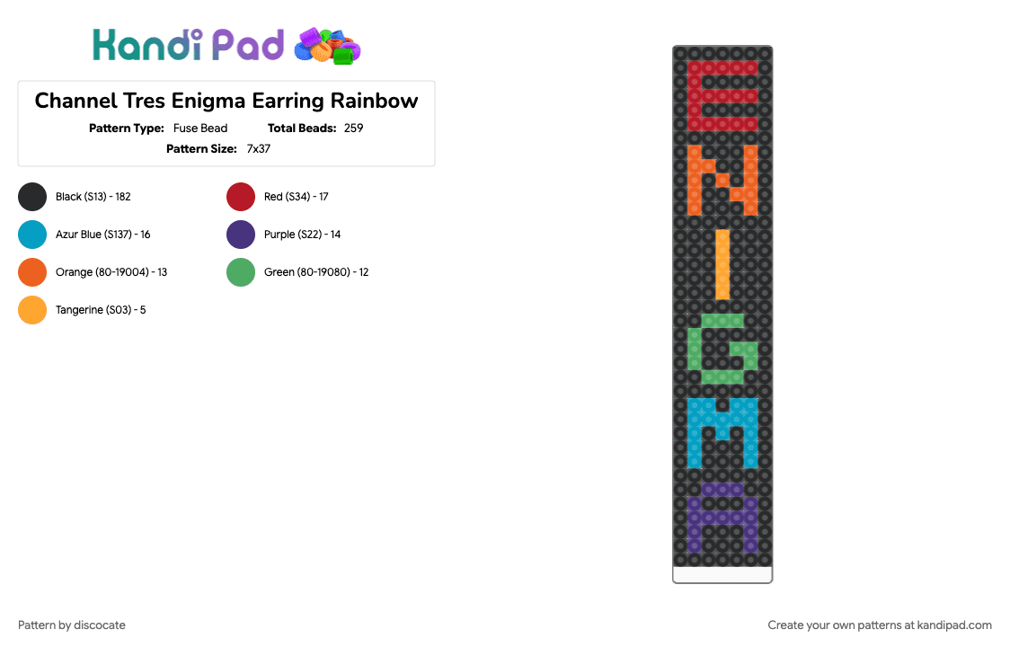 Channel Tres Enigma Earring Rainbow - Fuse Bead Pattern by discocate on Kandi Pad - black, light blue, orange, red