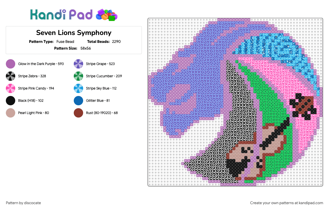 Seven Lions Symphony - Fuse Bead Pattern by discocate on Kandi Pad - pink, purple
