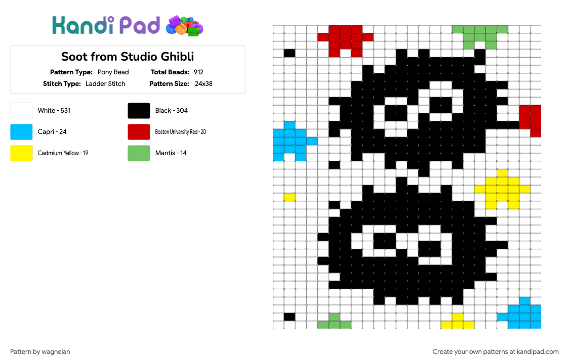 Soot from Studio Ghibli - Pony Bead Pattern by wagnelan on Kandi Pad - light blue, red, white, yellow