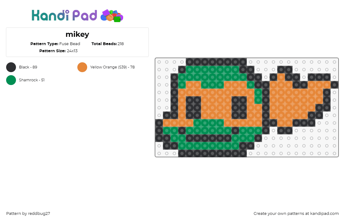 mikey - Fuse Bead Pattern by reddbug27 on Kandi Pad - michelangelo,tmnt,teenage mutant ninja turtles,character,karate,cartoon,tv show,animation,green,orange