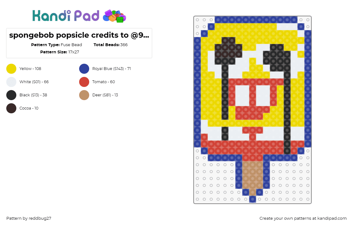 spongebob popsicle credits to @96rainb0ws on insta - Fuse Bead Pattern by reddbug27 on Kandi Pad - spongebob squarepants,popsicle,ice cream,dessert,funny,nostalgia,yellow,red