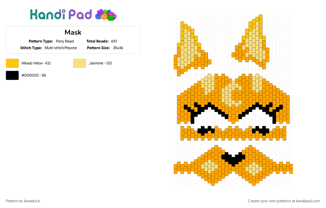 Mask - Pony Bead Pattern by iloveduck on Kandi Pad - mask, orange, yellow