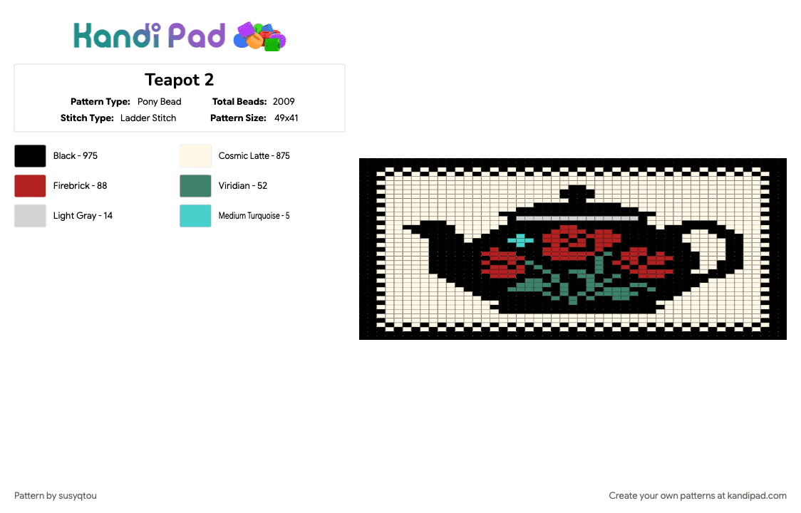 Teapot - Pony Bead Pattern by susyqtou on Kandi Pad - red, teal, white