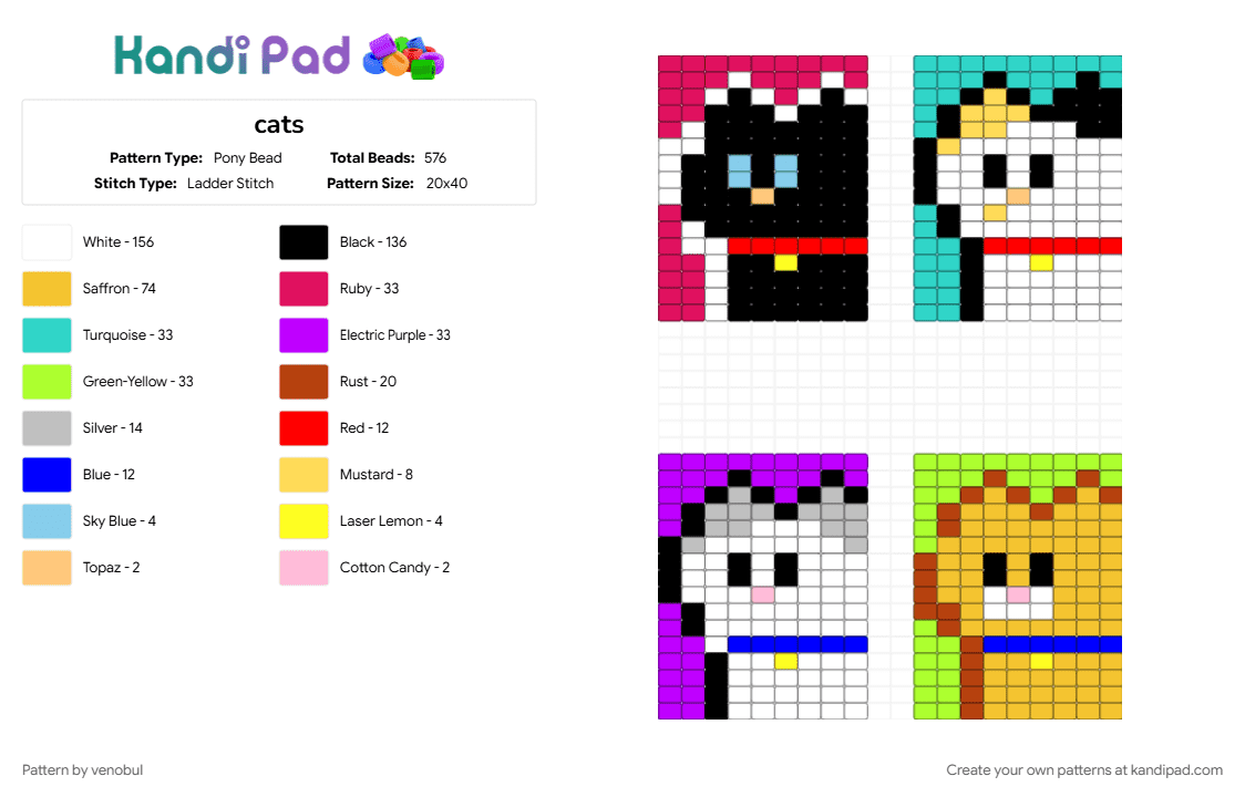 cats - Pony Bead Pattern by venobul on Kandi Pad - colorful, purple, red, teal, white