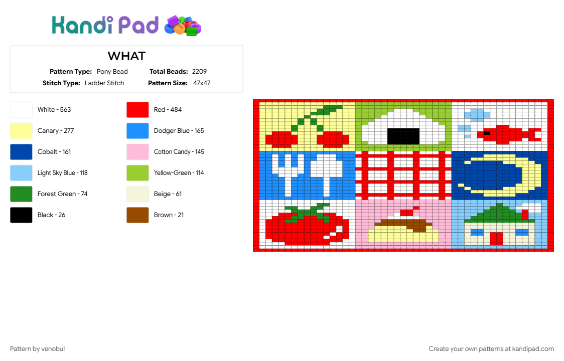 WHAT - Pony Bead Pattern by venobul on Kandi Pad - light blue, red, yellow