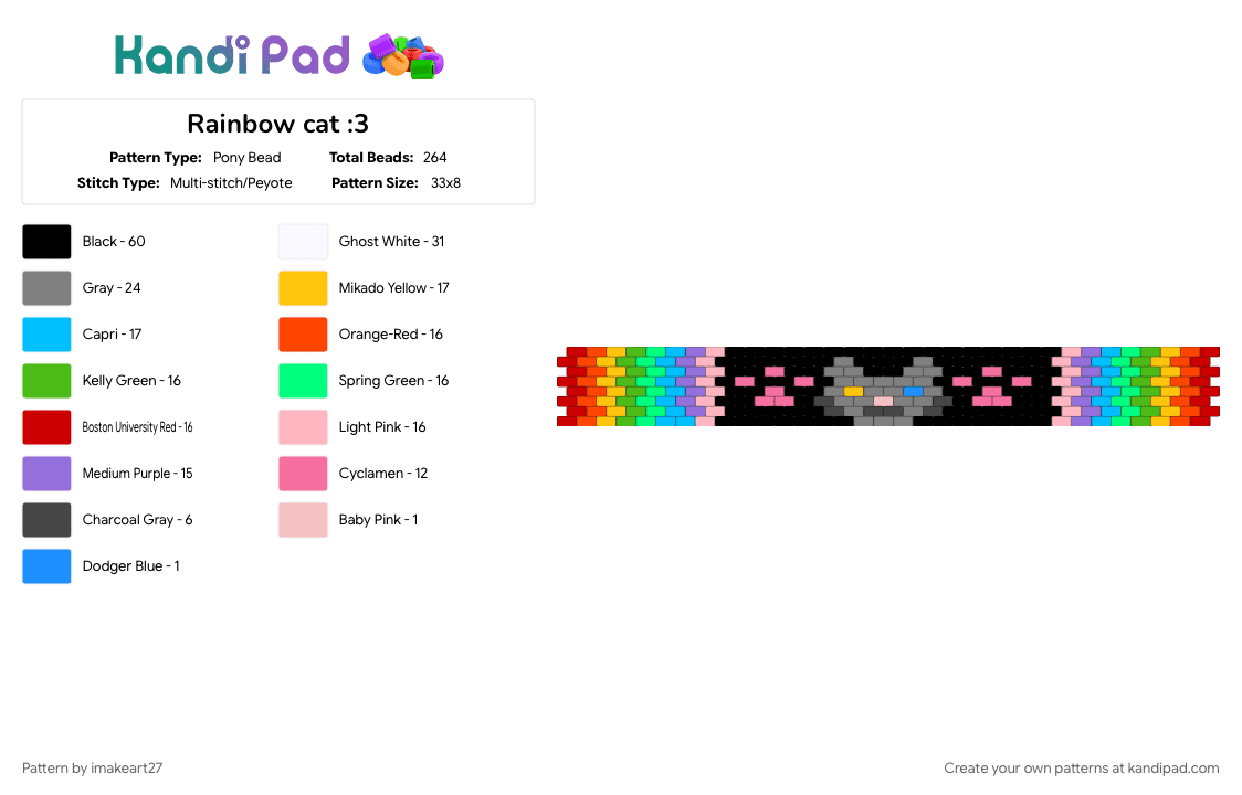 Rainbow cat :3 - Pony Bead Pattern by imakeart27 on Kandi Pad - cats, colorful, cotdcats, gray, green, light blue, pink, rainbow, red
