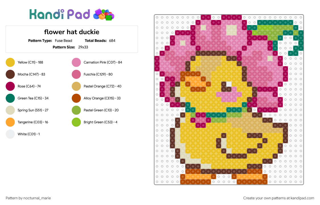 flower hat duckie - Fuse Bead Pattern by nocturnal_marie on Kandi Pad - brown, pink, yellow