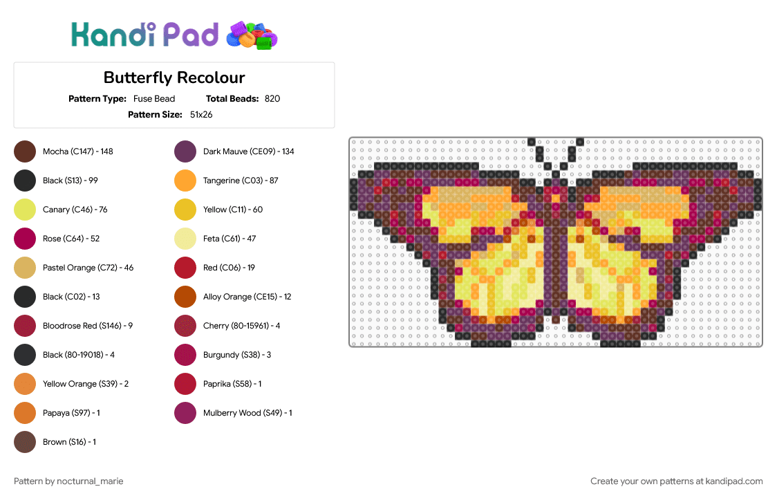 Butterfly Recolour - Fuse Bead Pattern by nocturnal_marie on Kandi Pad - brown, orange, pink, yellow