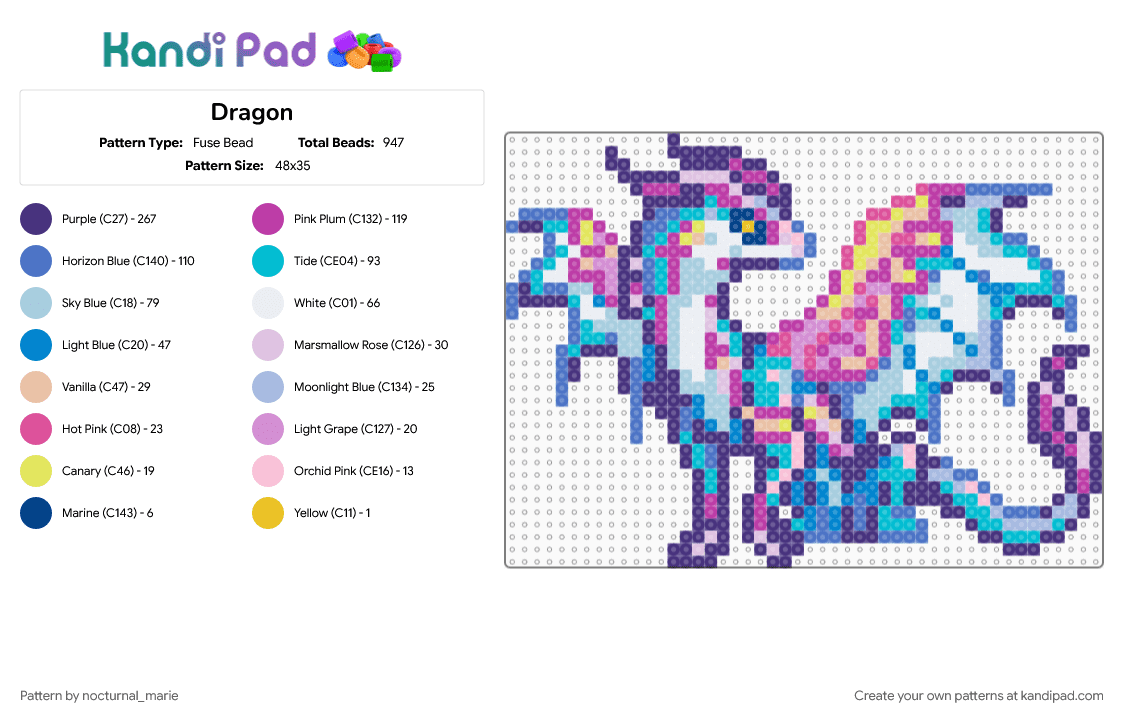 Dragon - Fuse Bead Pattern by nocturnal_marie on Kandi Pad - blue, light blue, pink, purple