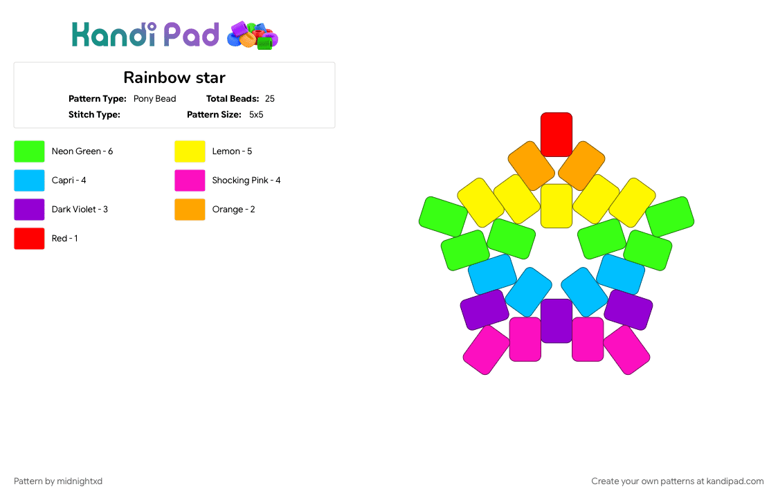 Rainbow star - Pony Bead Pattern by midnightxd on Kandi Pad - green, light blue, pink, rainbow, yellow