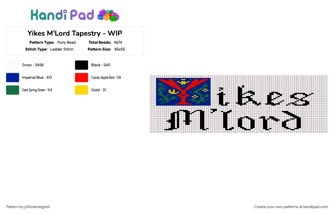 Yikes M\'Lord Tapestry - WIP - Pony Bead Pattern by piltoversegoist on Kandi Pad - purple, white