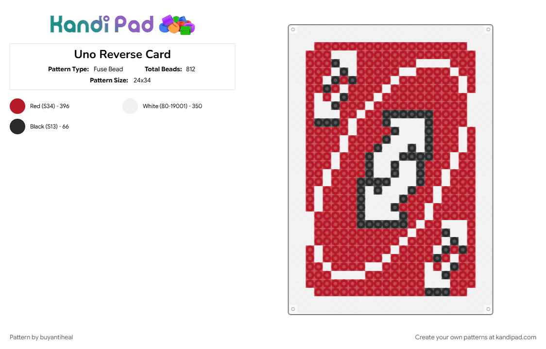 Uno Reverse Card - Fuse Bead Pattern by buyantiheal on Kandi Pad - card game, red, reverse, uno, uno card, white