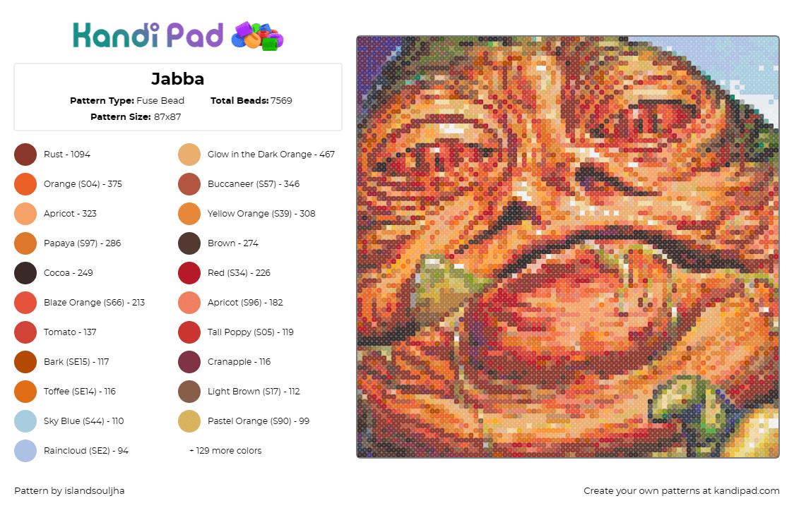 Jabba - Fuse Bead Pattern by islandsouljha on Kandi Pad - jabba the hutt,star wars,portrait,movie,scifi,slime,orange