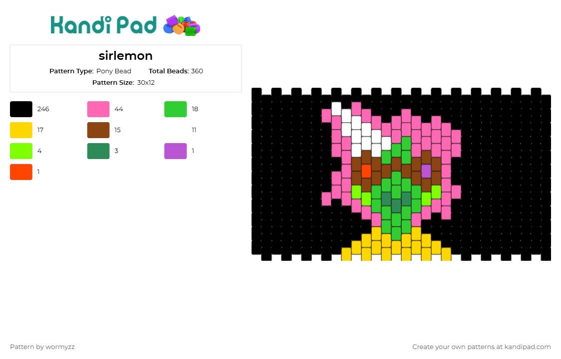 sirlemon - Pony Bead Pattern by wormyzz on Kandi Pad - sir lemon,character,cuff,turtle,unicorn,black,pink,green