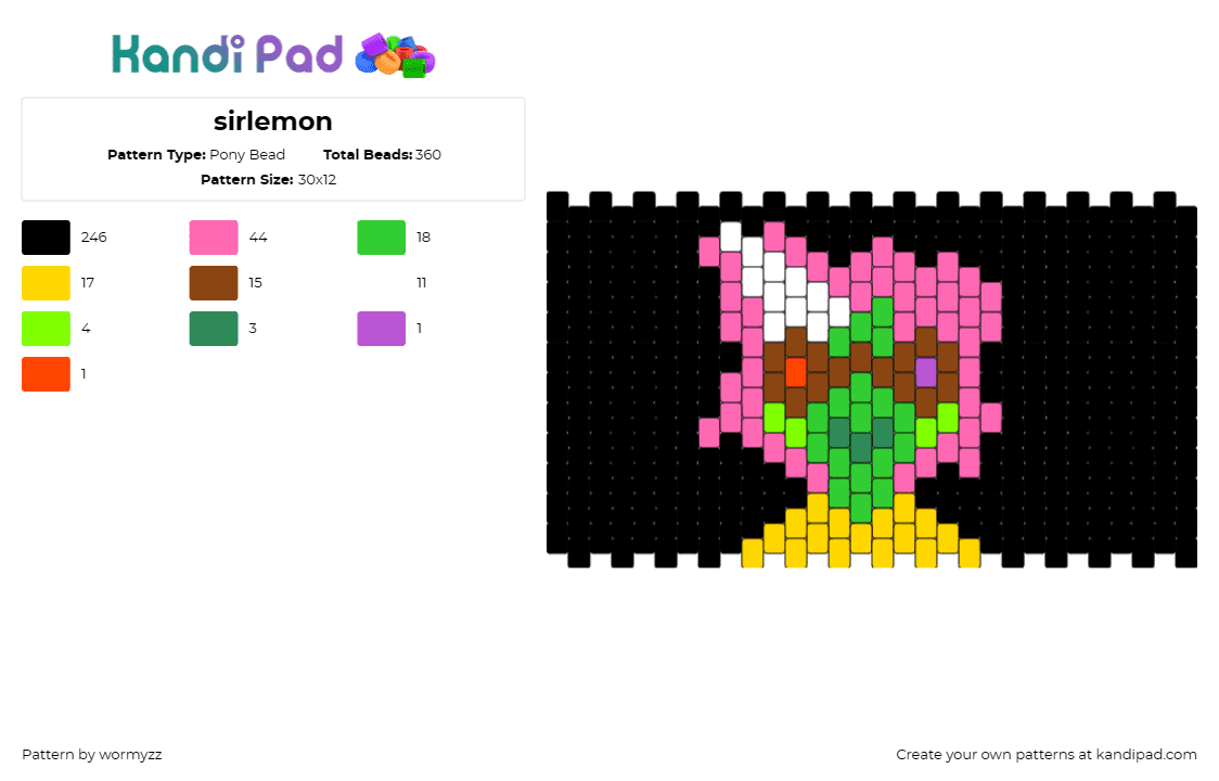 sirlemon - Pony Bead Pattern by wormyzz on Kandi Pad - sir lemon,character,cuff,turtle,unicorn,black,pink,green