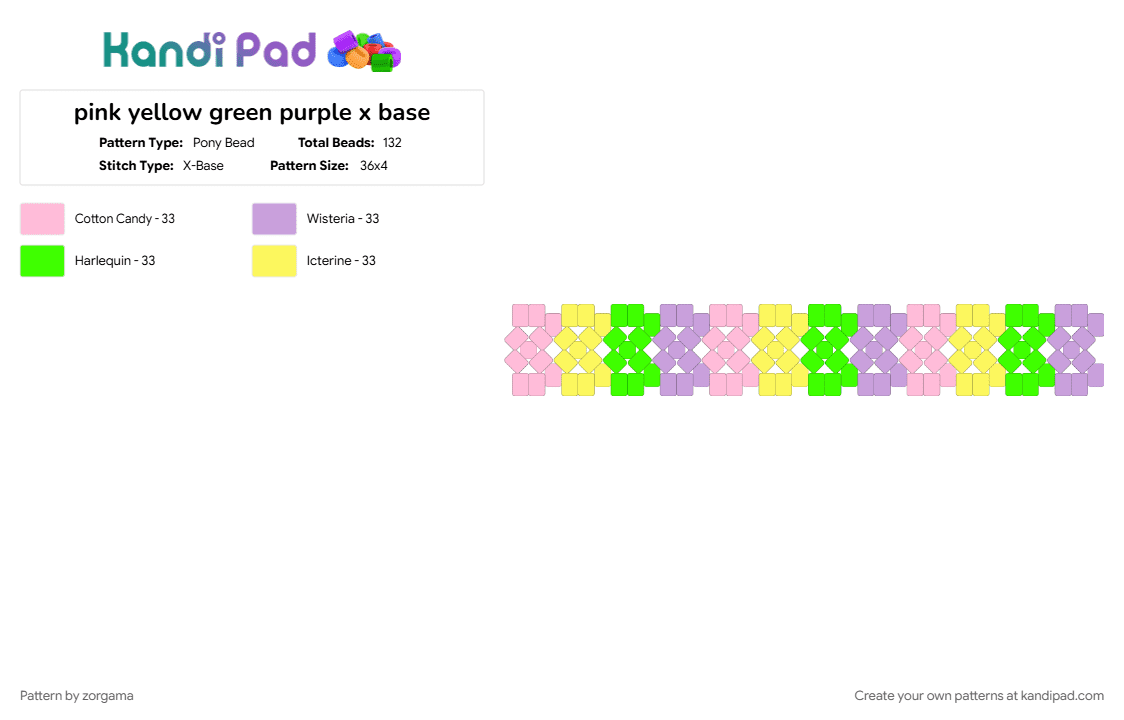 pink yellow green purple x base - Pony Bead Pattern by zorgama on Kandi Pad - pink