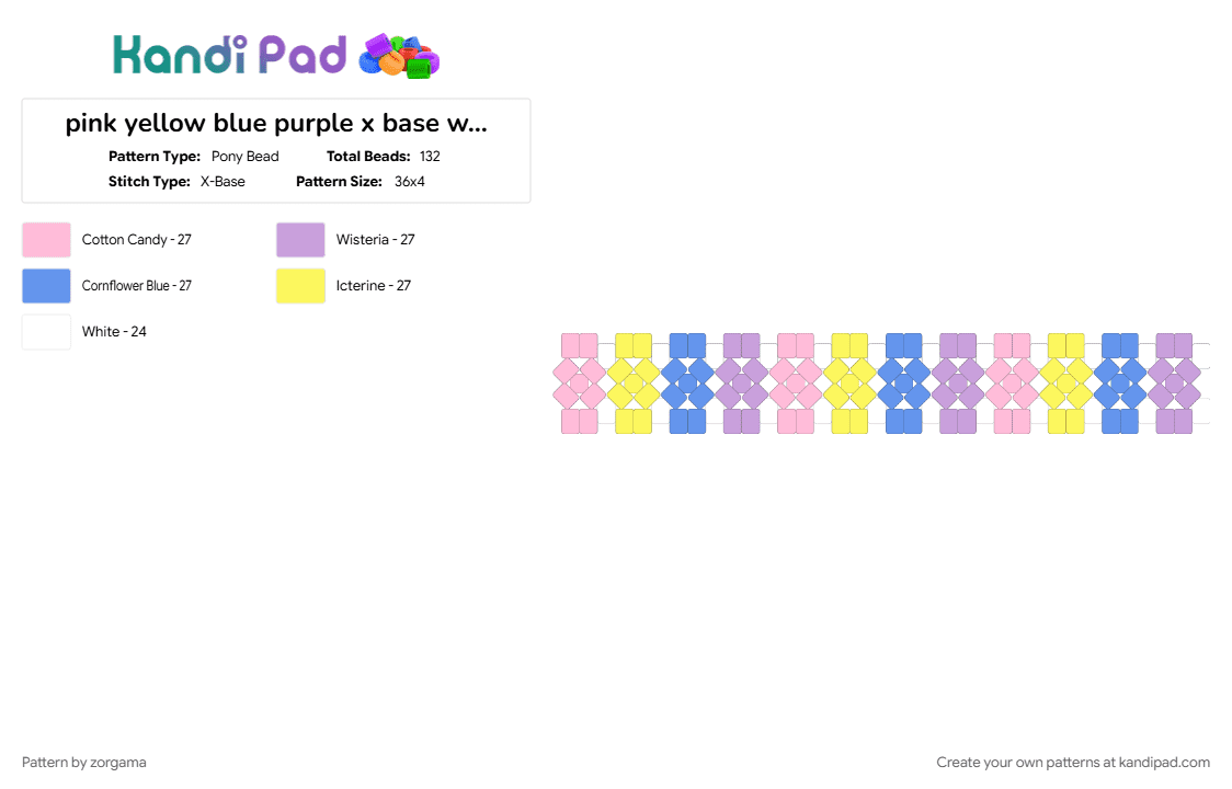 pink yellow blue purple x base white - Pony Bead Pattern by zorgama on Kandi Pad - pink