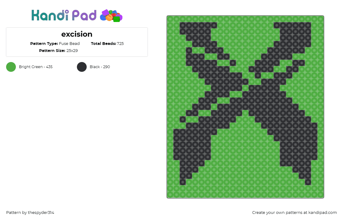 excision - Fuse Bead Pattern by thespyder314 on Kandi Pad - excision,logo,x,dj,music,edm,dubstep,panel,totem,black,green