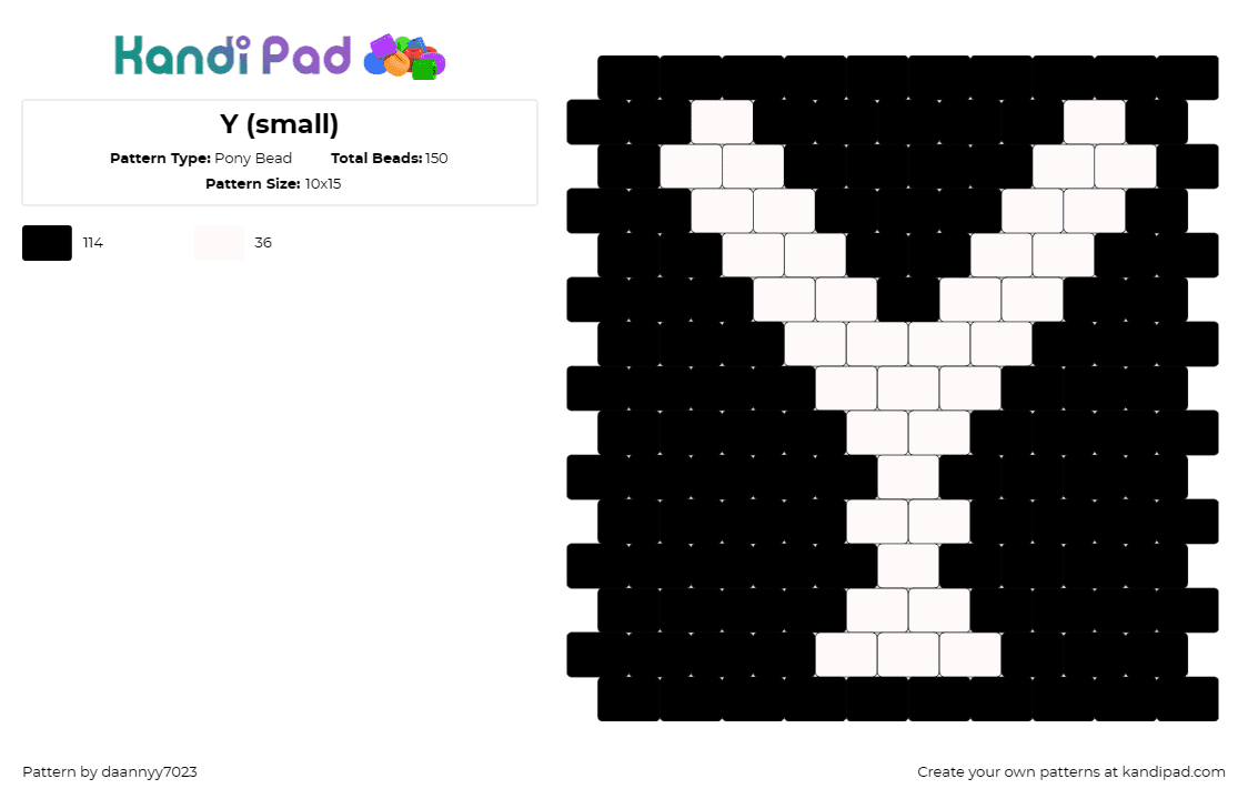 Y (small) - Pony Bead Pattern by daannyy7023 on Kandi Pad - y,letter,text,alphabet,simple,white,black