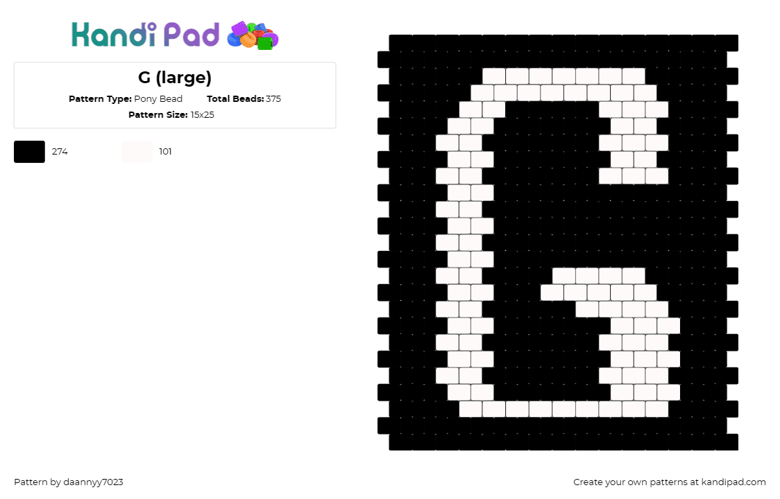 G (large) - Pony Bead Pattern by daannyy7023 on Kandi Pad - text,alphabet,g,panel,simple,black,white