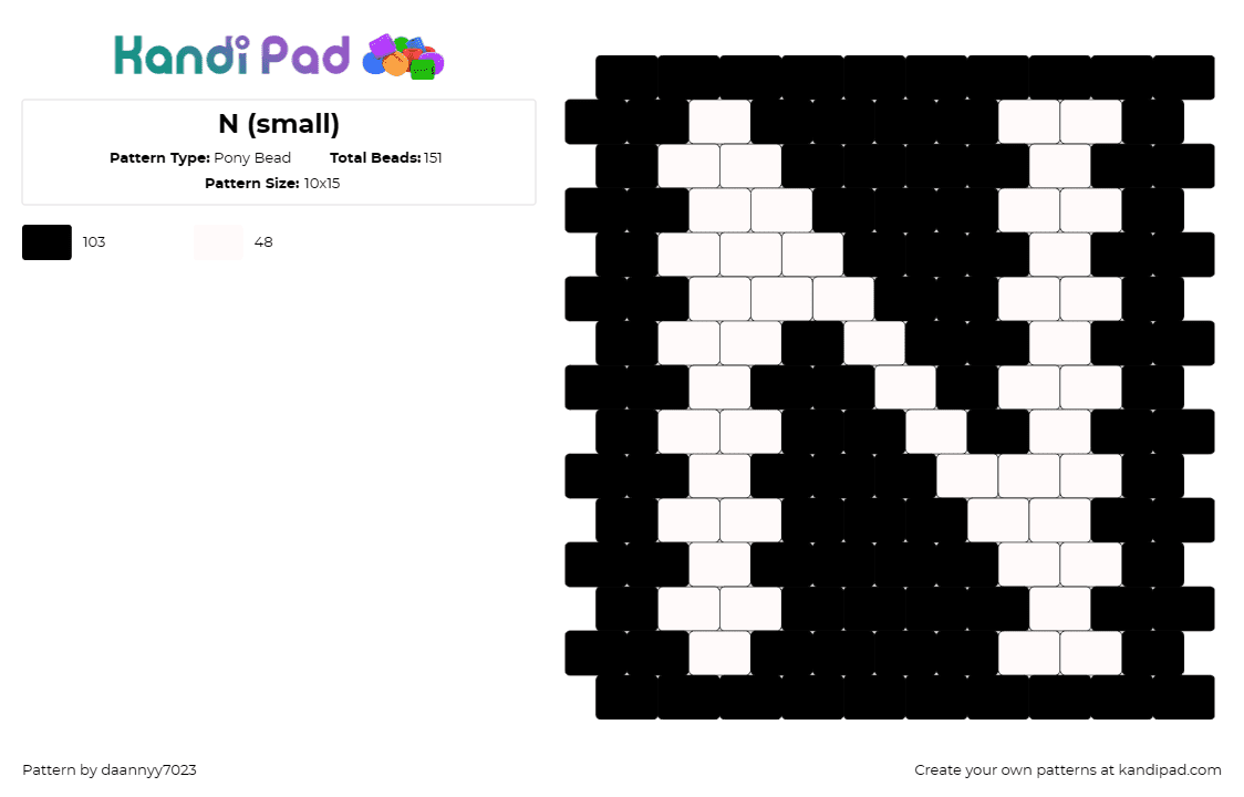 N (small) - Pony Bead Pattern by daannyy7023 on Kandi Pad - n,letter,text,alphabet,simple,white,black