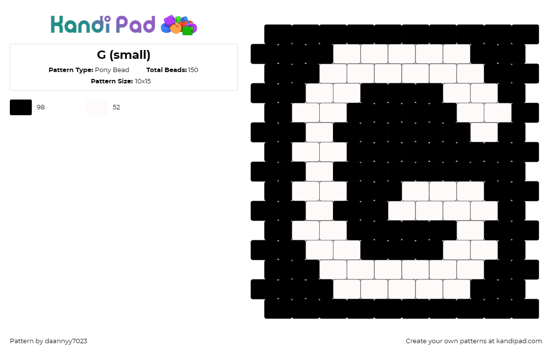 G (small) - Pony Bead Pattern by daannyy7023 on Kandi Pad - g,letter,text,alphabet,simple,white,black