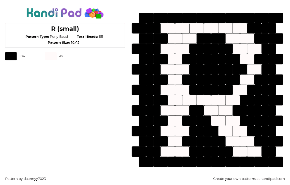 R (small) - Pony Bead Pattern by daannyy7023 on Kandi Pad - r,letter,text,alphabet,simple,white,black