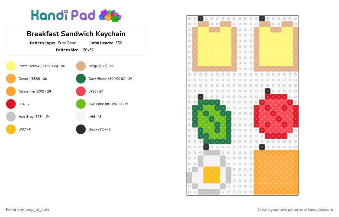 Breakfast Sandwich Keychain - Fuse Bead Pattern by lump_of_cole on Kandi Pad - beige, orange, yellow
