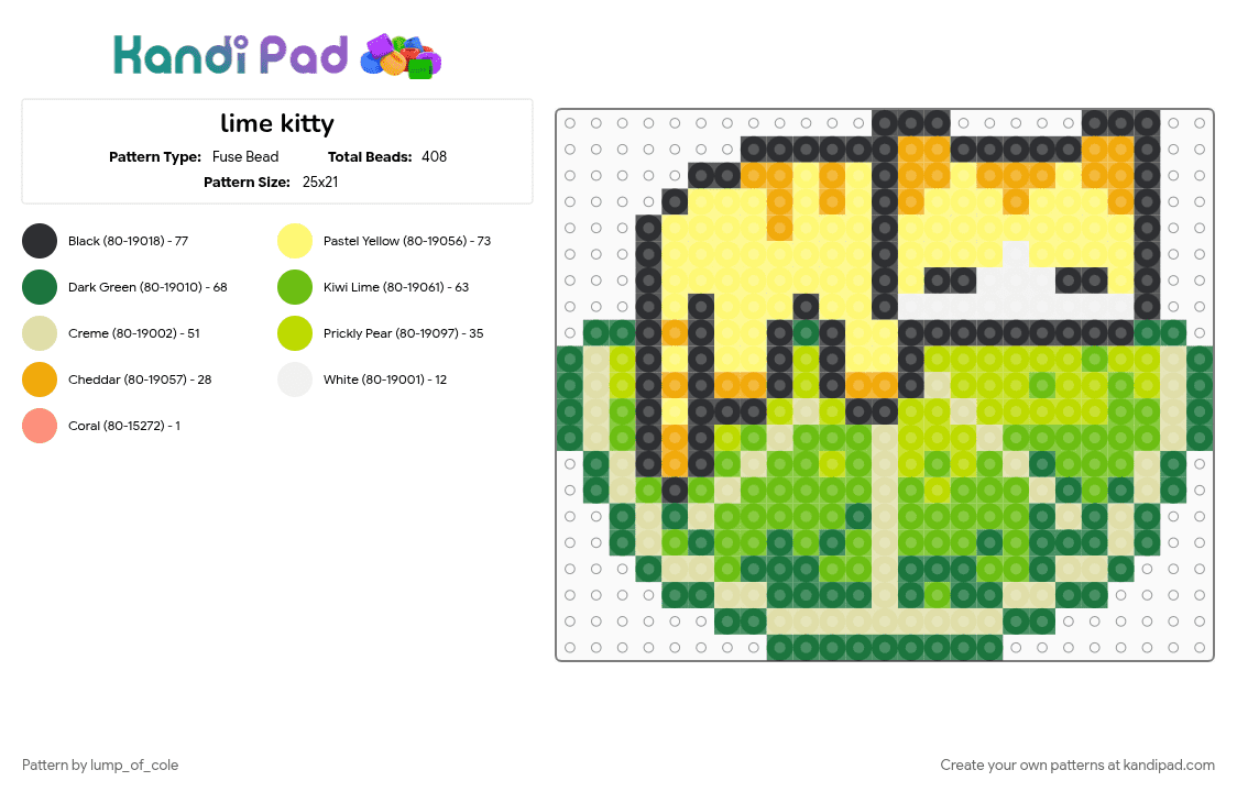lime kitty - Fuse Bead Pattern by lump_of_cole on Kandi Pad - green, yellow