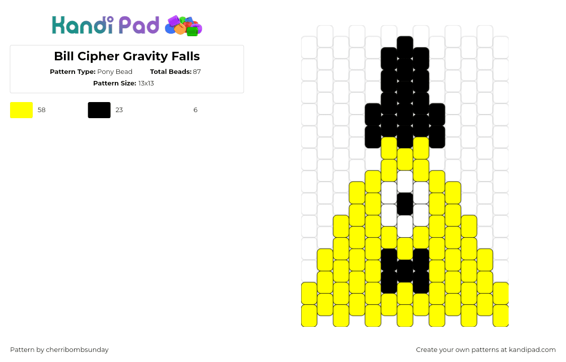 Bill Cipher Gravity Falls - Pony Bead Pattern by cherribombsunday on Kandi Pad - bill cipher,gravity falls,triangle,top hat,character,cartoon,cyclops,tv show,yellow,black