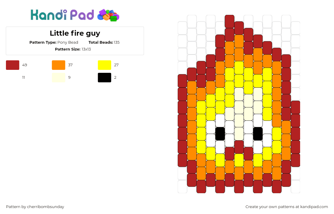 Little fire guy - Pony Bead Pattern by cherribombsunday on Kandi Pad - calcifer,howls moving castle,ghibli,fire,flame,character,anime,movie,orange,red,yellow