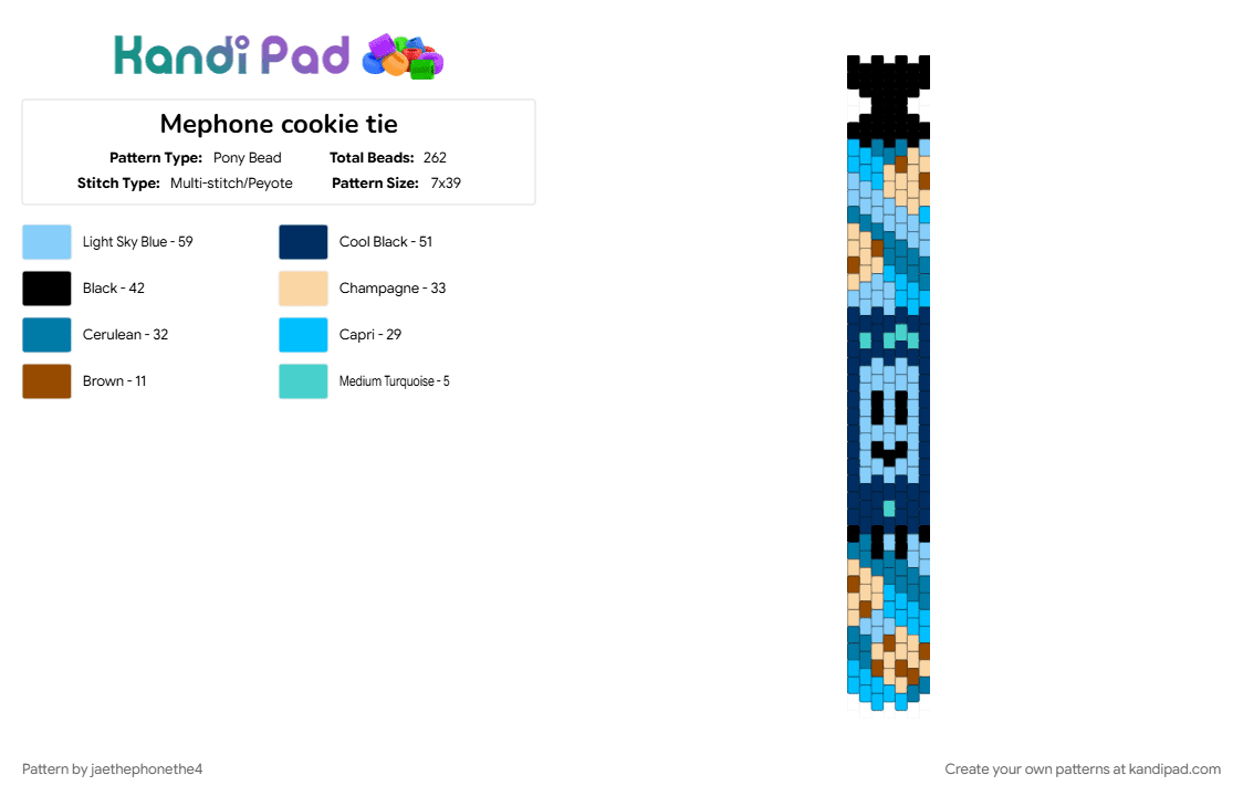 Mephone cookie tie - Pony Bead Pattern by jaethephonethe4 on Kandi Pad - blue, cookie, inanimate insanity, light blue, mephone4, tie