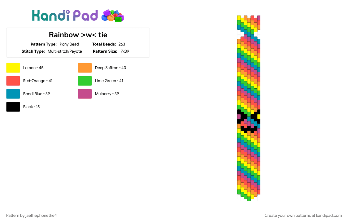 Rainbow >w< tie - Pony Bead Pattern by jaethephonethe4 on Kandi Pad - colorful, green, orange, pink, rainbow, stripes, tie