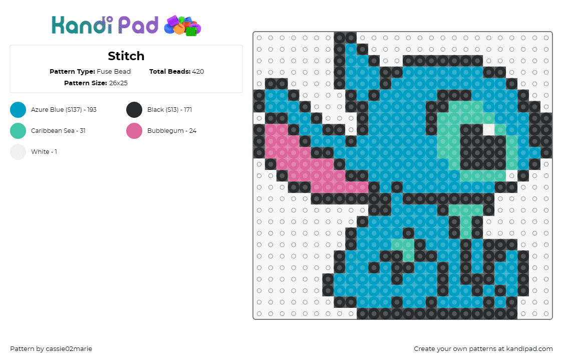 Stitch - Fuse Bead Pattern by cassie02marie on Kandi Pad - stitch,disney,character,lilo and stitch,cute,movie,animation,alien,blue,teal