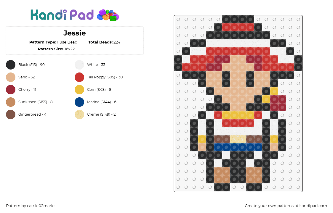 Jessie - Fuse Bead Pattern by cassie02marie on Kandi Pad - jessie,toy story,disney,pixar,character,cowgirl,movie,chibi,red,tan,white